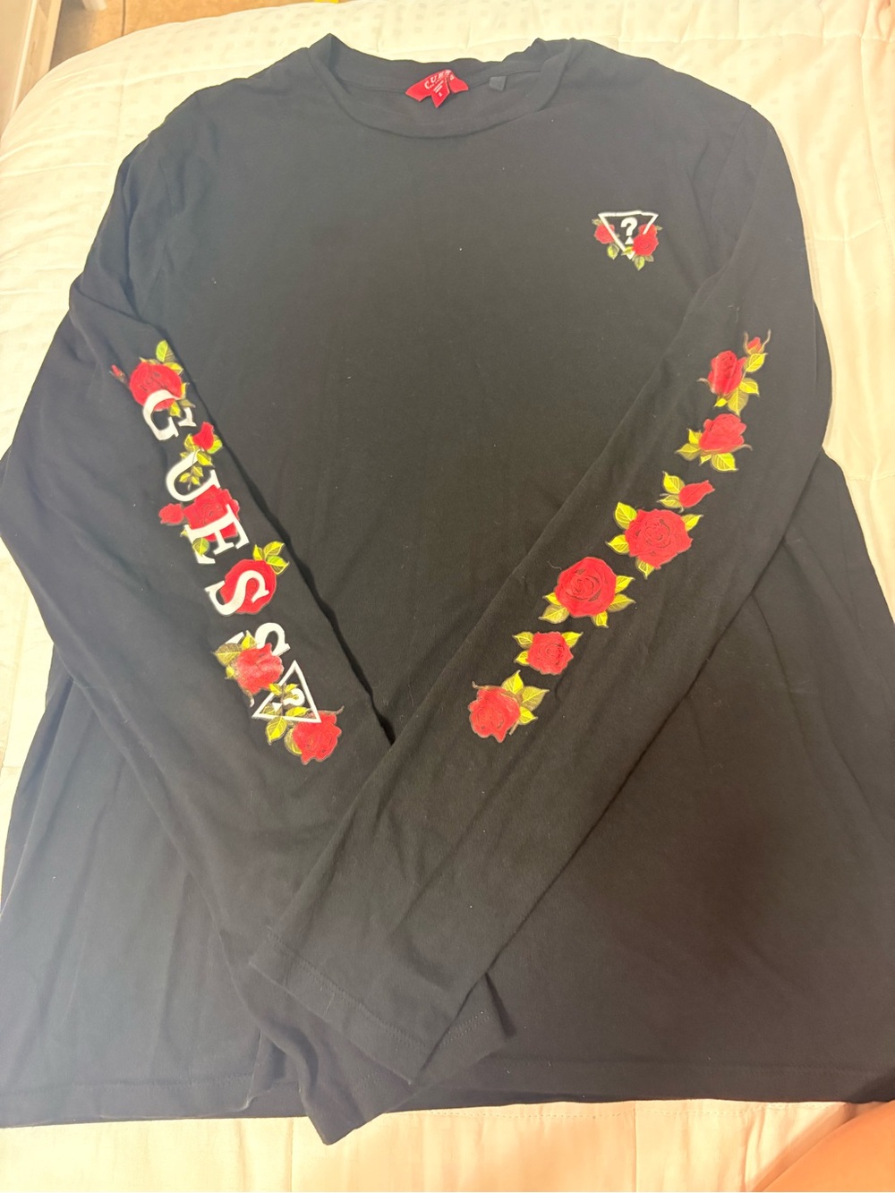 Guess Black Long Sleeve Crewneck with Red Rose Sleeve Embroidery